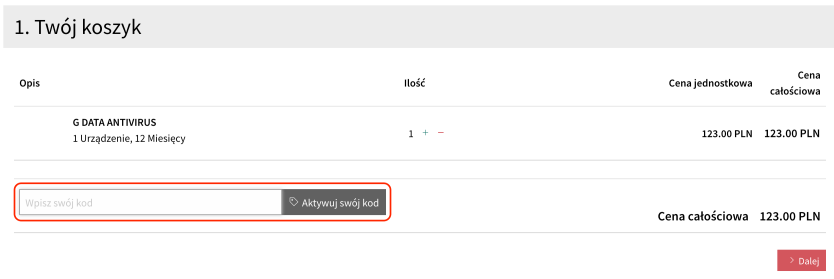 Pole, gdzie należy podać kod rabatowy G DATA