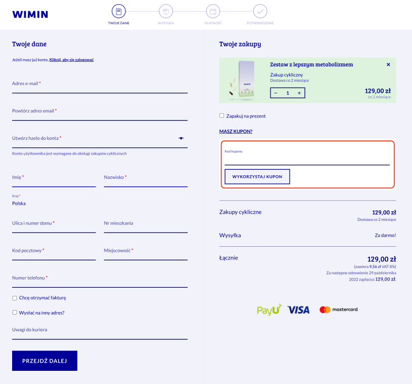 Miejsce, gdzie należy podać kod rabatowy Wimin